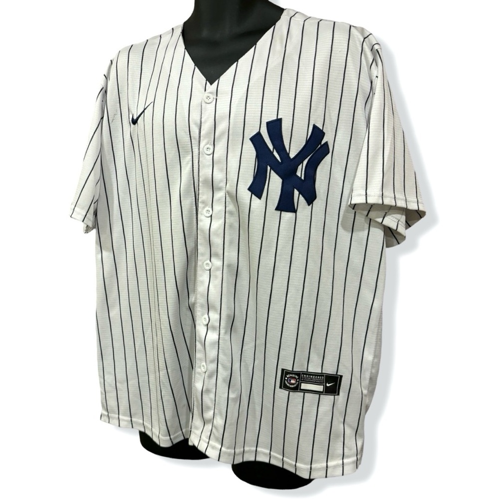 Nike Men’s New York Yankees White Pinstripe Baseball Jersey with Navy Logo